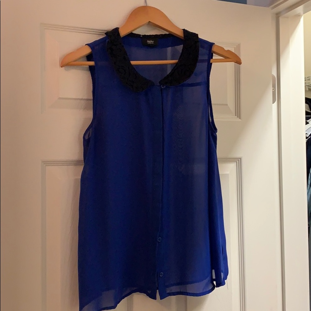 Blue Blouse with Lacy Black Collar